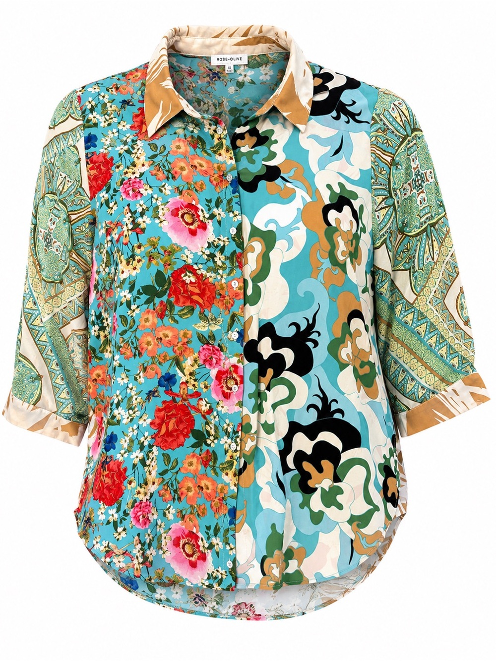 Rose + Olive Mixed Print Patchwork Button-Down Blouse – Size 3X